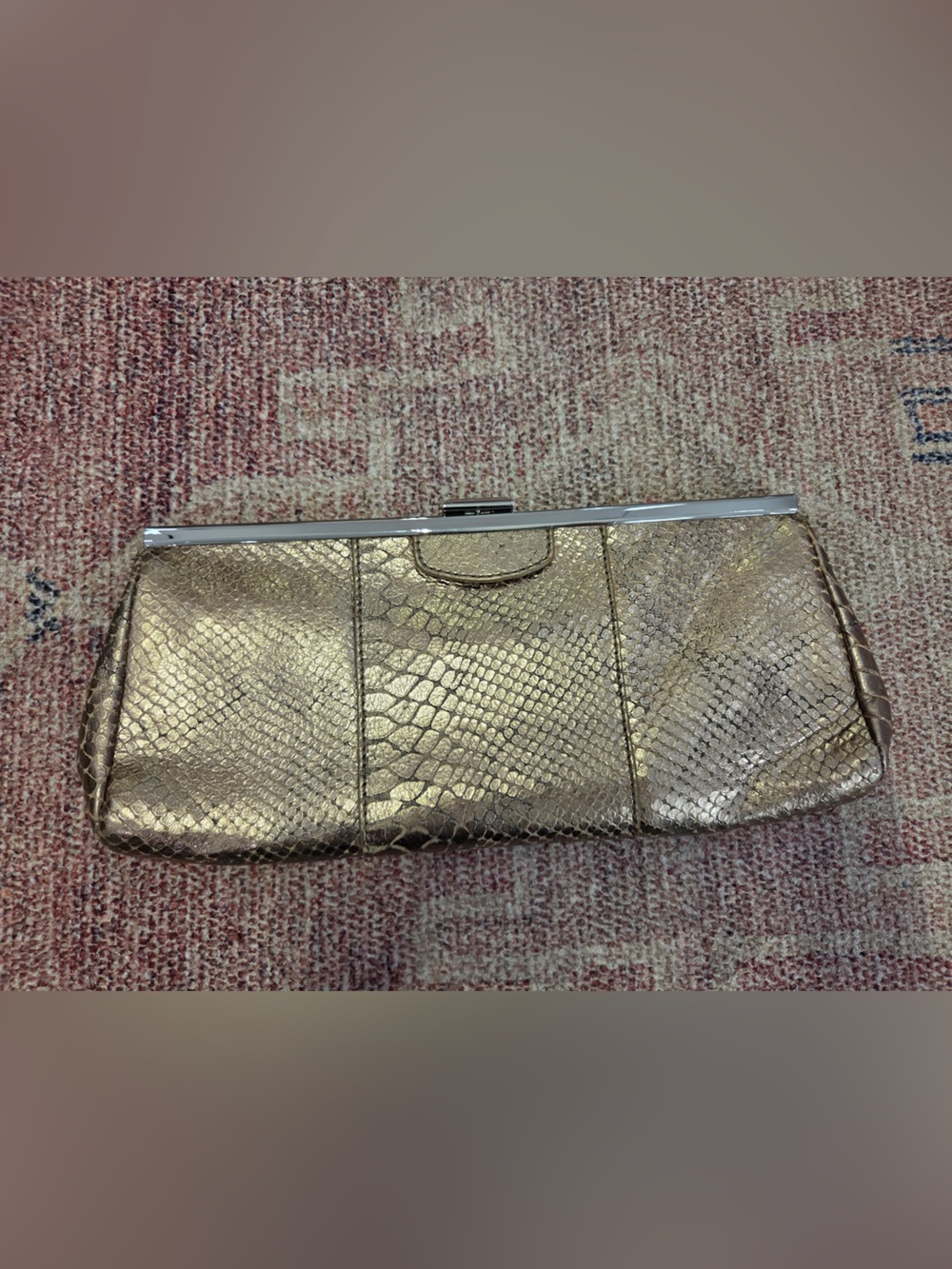 Banana Republic large gold metallic leather snakeskin clutch w/silver clasp